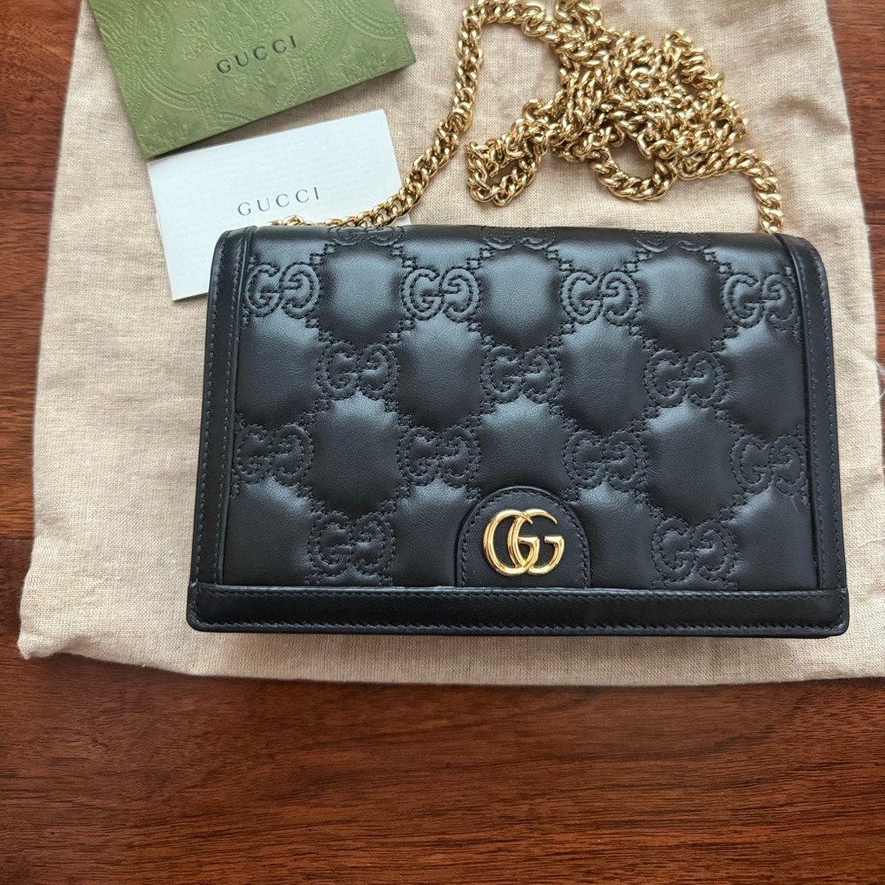Gucci Black Leather Crossbody with Gold Chain